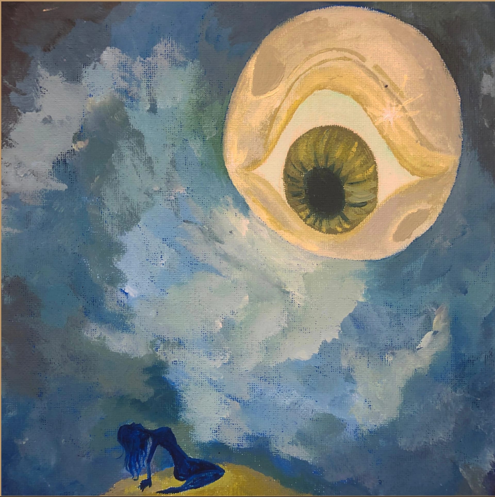 Penance: Moon, an original artwork by Artista azar, features a one-eyed moon staring down at the form of a woman atop a hill. The woman, a silhouette of blue, shoves her body towards the light from the moon, almost as if yanked from her core by an unseen force - it cannot be the eye itself: simply looking on with mild curiosity. The sky around them is painted different shades of blue, the brushstrokes reminiscent of cloudy, billowy skies. 